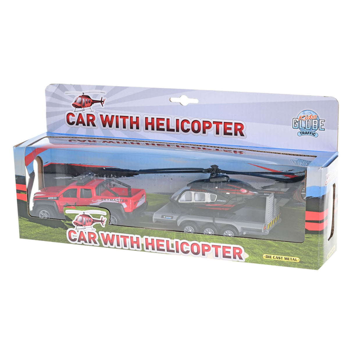 Kids Globe Supply Car med helikopter trailer