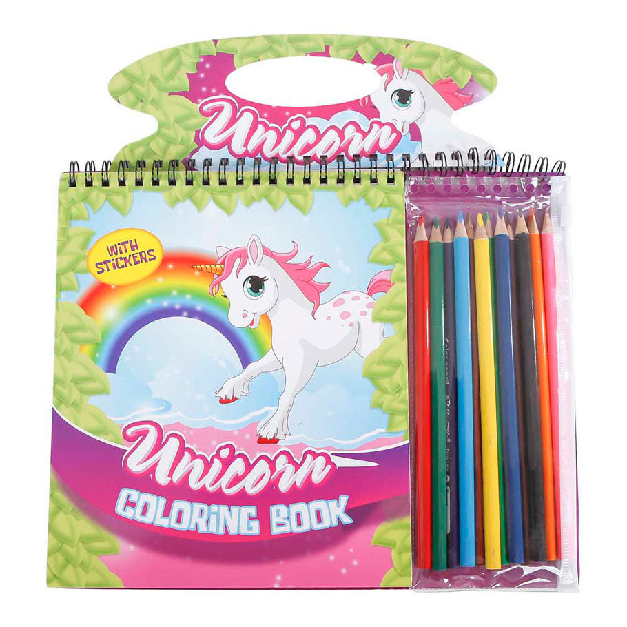 Unicorn Faarfbuch mat 12 Bleistift, Schabloune a Stickeren