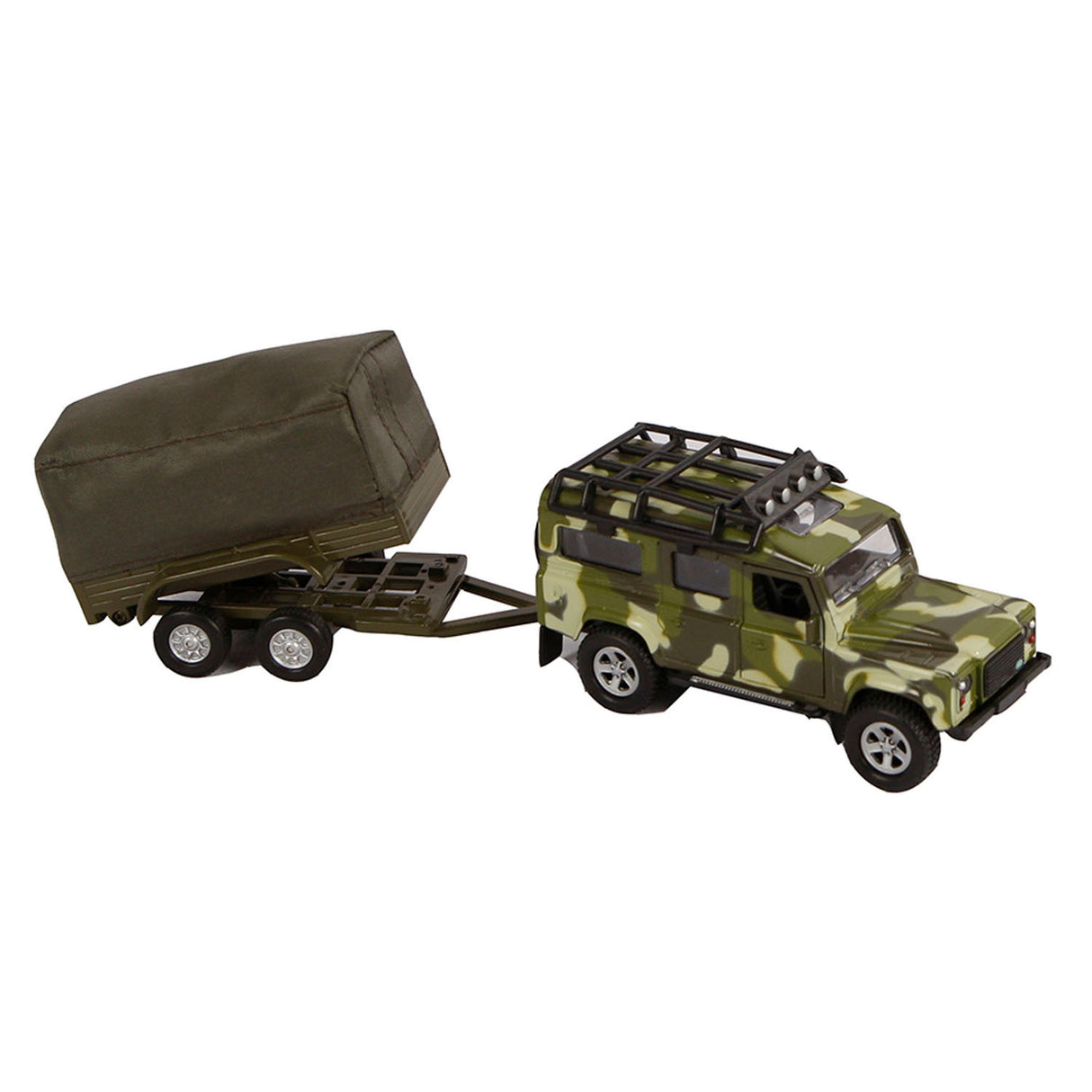 Kids Globe Die Cast Land Rover s armádou přívěsu, 27 cm