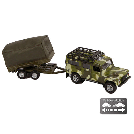 Kids globe land rover med tilhenger militær die cast pb 27cm