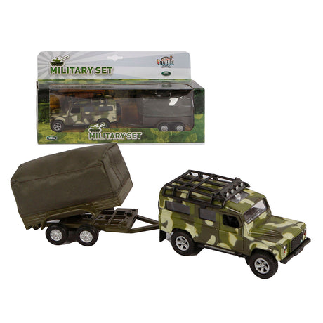 Kids globe land rover med tilhenger militær die cast pb 27cm