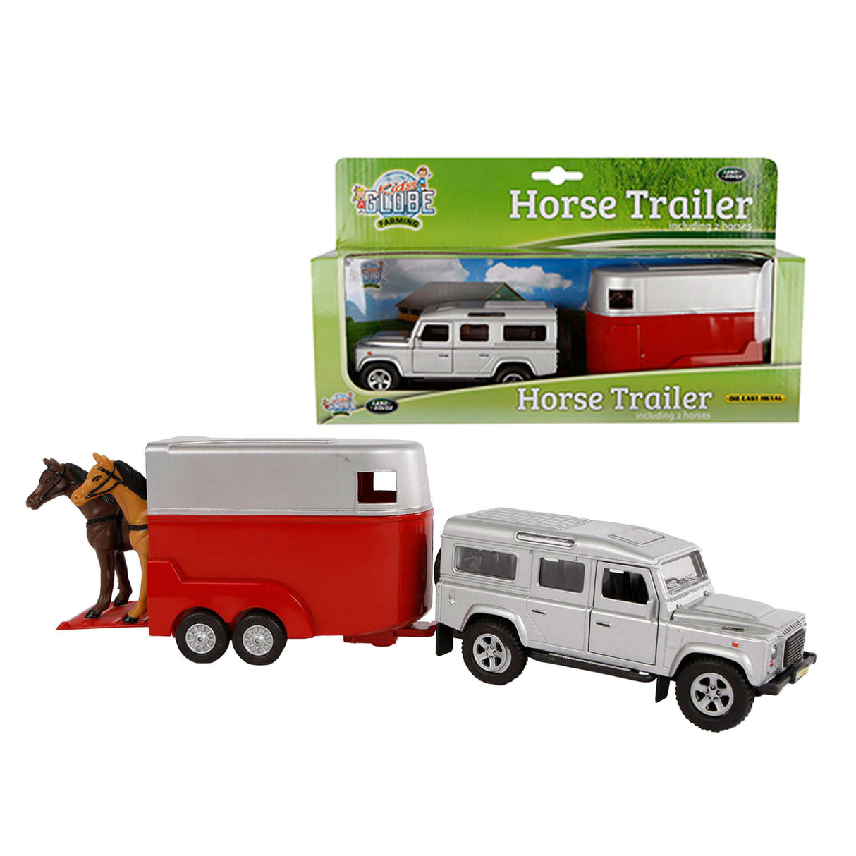 Kids Globe Die Cast Land Rover con Trailer de caballos 1:32