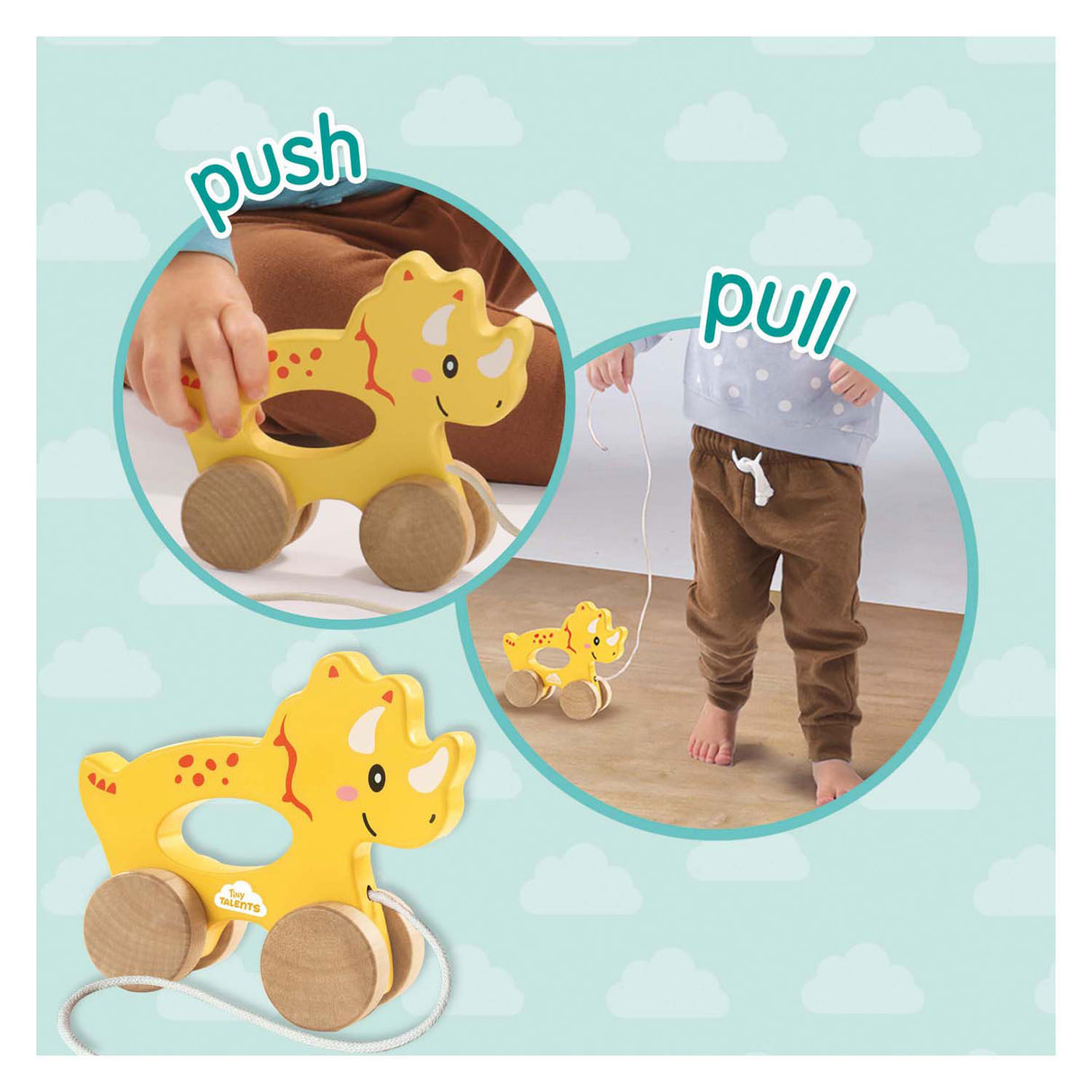 Ses hëlzent Pull Déier 2 an 1 - triceratops