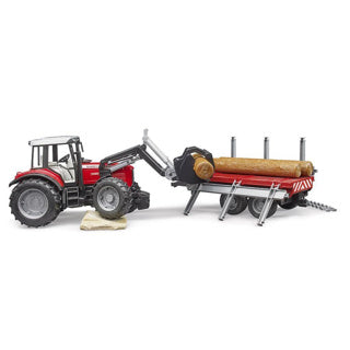 Ciągnik Bruder Massey Ferguson z ładowaczem czołowym i przyczepą do transportu drewna
