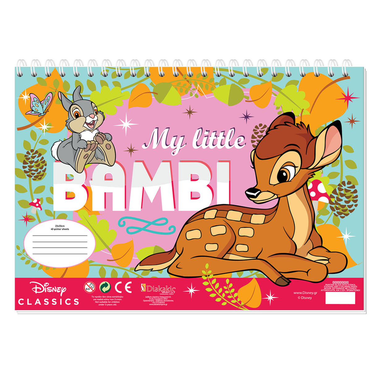 Bambi coloring sider med sjablong og klistremerkeark