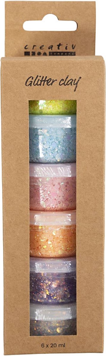 Creativ company glitter clay, pastel colors, 6x20 ml 1 box