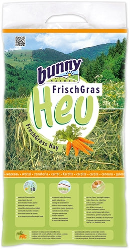 Naturaleza de conejito heno de hierba fresca con zanahoria