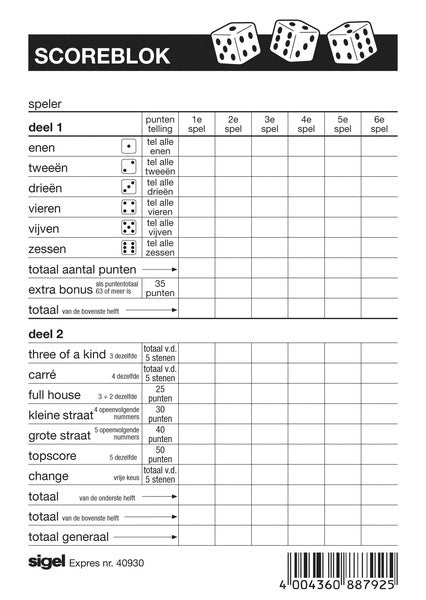 Express Score Block Sigel per Yahtzee