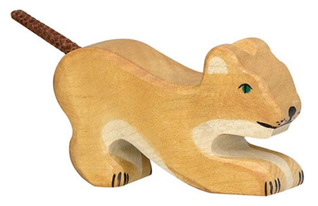 Holztiger Löwe, klein, spielend. 8 cm.
