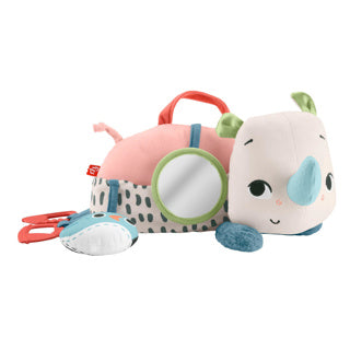 Fisher-price na bruchu sa hrá na potulného nosorožca