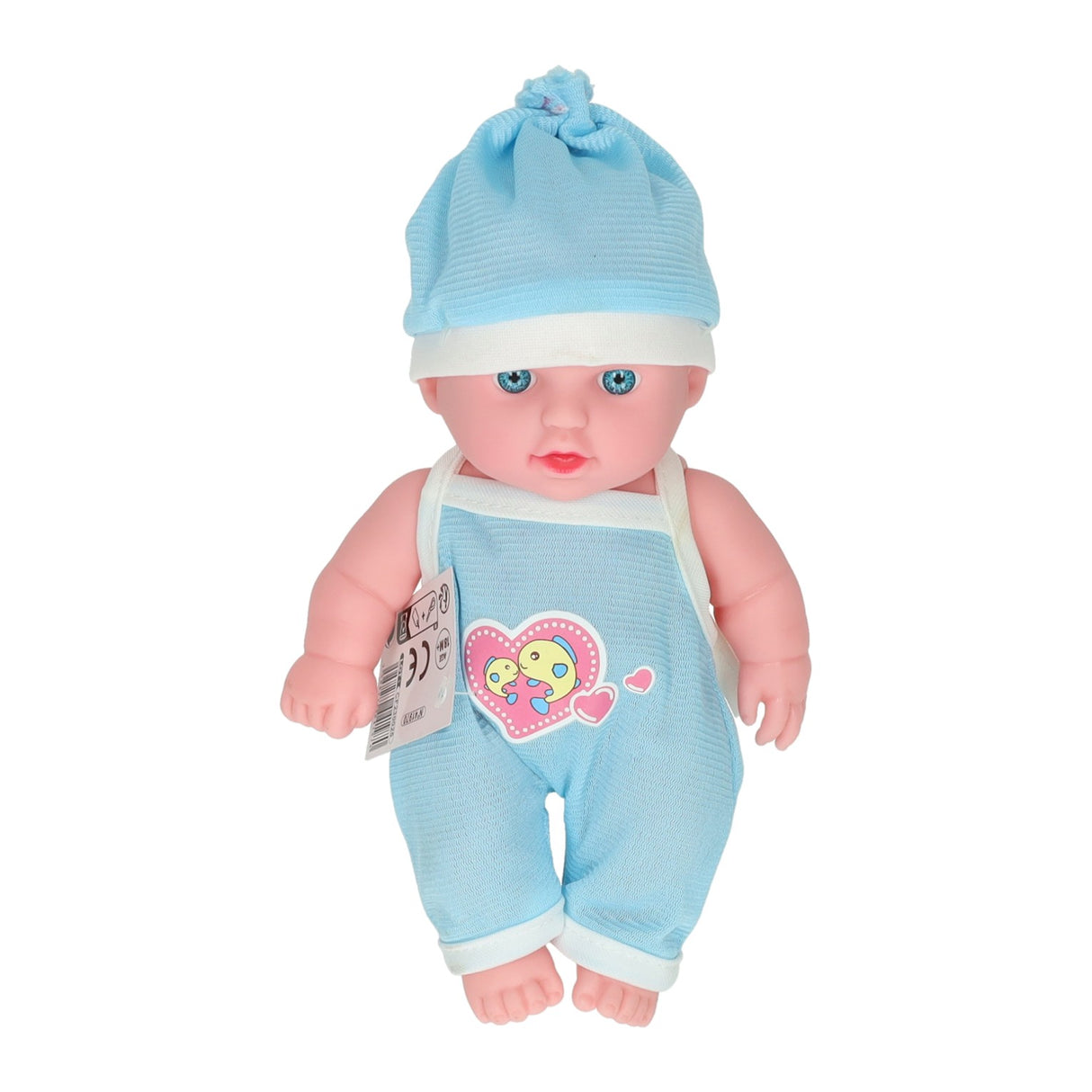 Boneca com macacão de coração e chapéu
