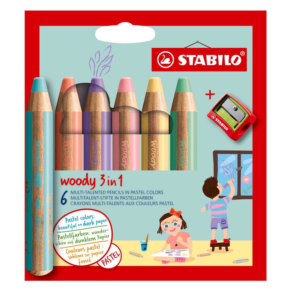 Stabilo woody 3in1 blyanter - 6 farger + blyantsovner