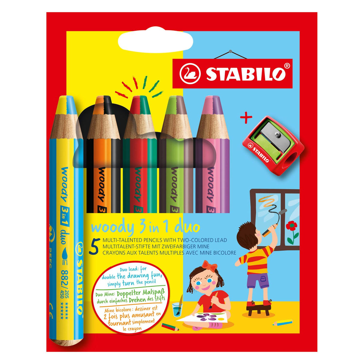 Stabilo Woody 3in1 Duo med en blyertspennare, 6dlg.