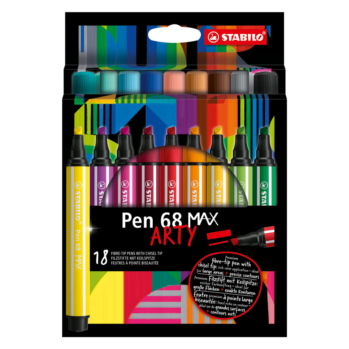 Stabilo Pen 68 Max Arty Felt -tip pen med tyk mejsel Peak 18 farver