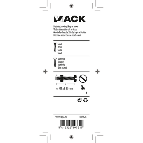 Mack 1017526 - metal screw cyl. head + nut pkg. 13 pcs m5 x 30 mm | 10 pcs