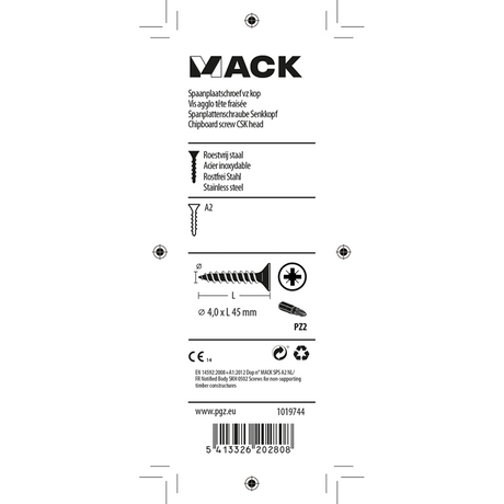 Mack 1019744 - chipboard screw countersunk head stainless steel 9 pcs 4.0 x 45 mm | 10 pieces