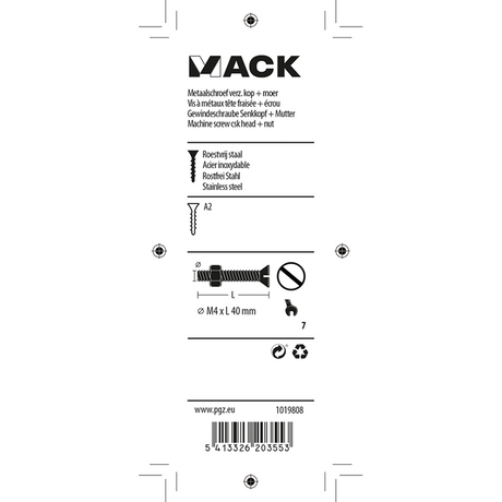 Mack 1019808 - metal screw csk head + nut stainless steel 8 pcs m4x40 | 10 pieces