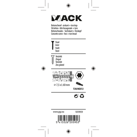 Mack 1019959 - concrete screw zinc plated hex head 4pcs 7.5 x 60 mm | 5 pieces