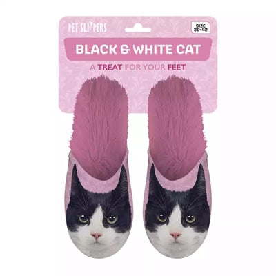 Pantoffel zwart witte kat roze