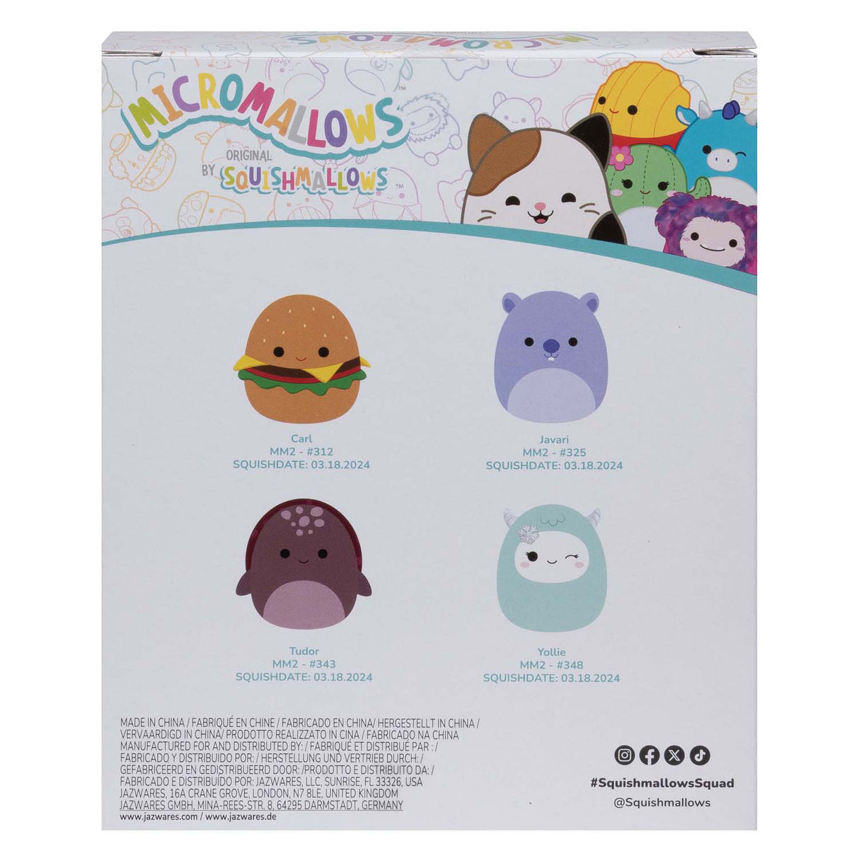 Squishmallows cuddly plush micromallows - carl, yollie, javari, tudor, 4-pack