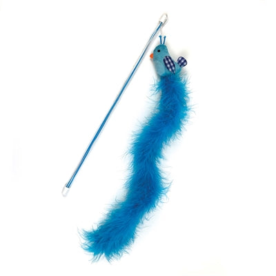 Happy pet tabby patch cat rod bird blue