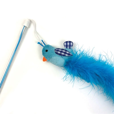 Happy pet tabby patch cat rod bird blue