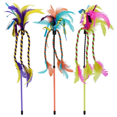 Happy pet tabby patch cat rod with ribbon and feathers assorted