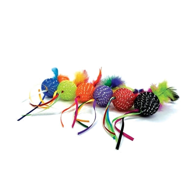 Happy pet tabby patch glitter ball with rattle and feathers
