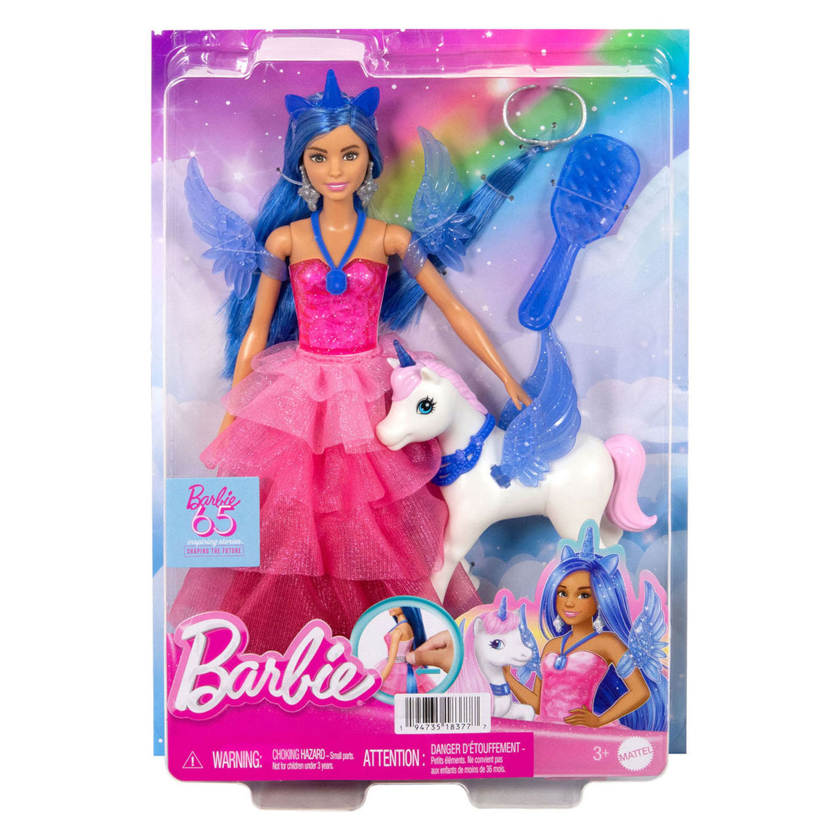 Mattel Unicorn Doll con capelli blu, vestito rosa e alicorno