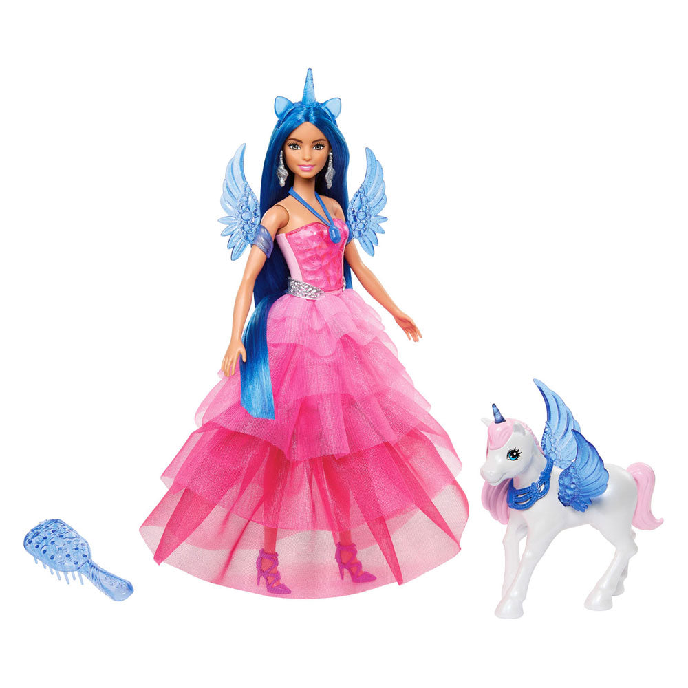 Mattel unicorn doll with blue hair, pink dress and alicorn