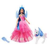 Mattel Unicorn Doll con capelli blu, vestito rosa e alicorno