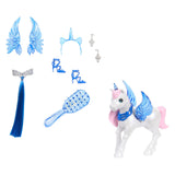 Mattel Unicorn Doll con capelli blu, vestito rosa e alicorno