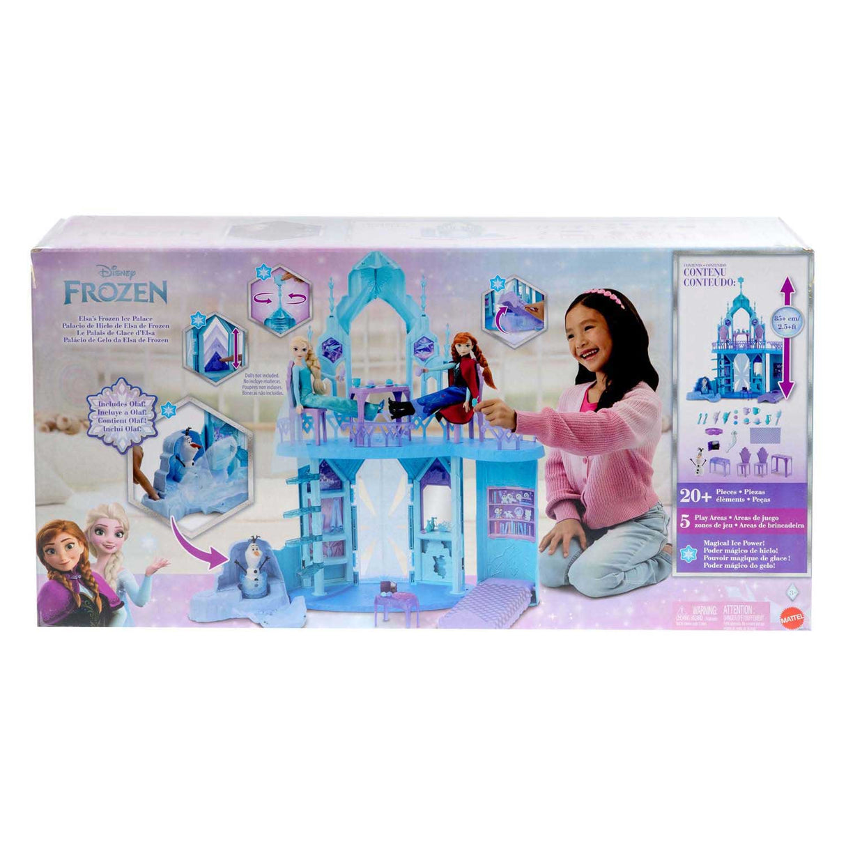 Oighear Pálás Mattel Disney Reoite Elsa – 5 limistéar súgartha le sleamhnán, balcóin agus Ola - 75 cm