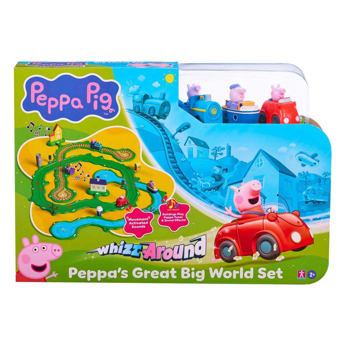 Gear2play peppa gris suser rundt - Peppas store wide world lekesett - modulær spor for suser rundt kjøretøy - interaktiv med musikk og lyd