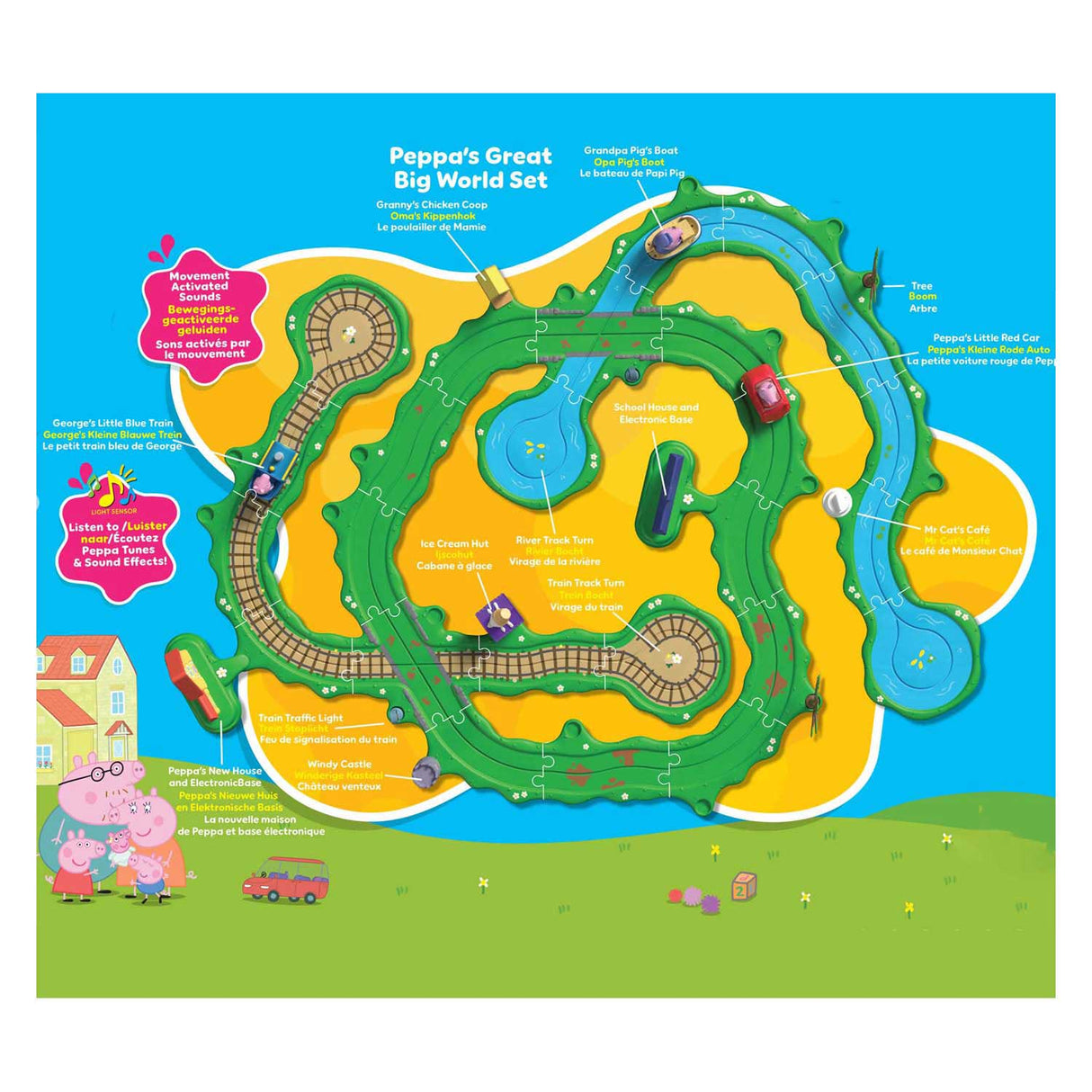 Gear2play peppa gris suser rundt - Peppas store wide world lekesett - modulær spor for suser rundt kjøretøy - interaktiv med musikk og lyd