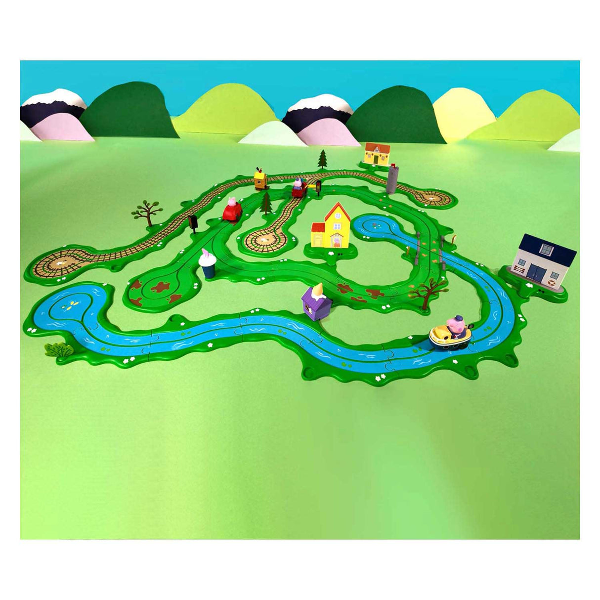 Gear2play peppa gris suser rundt - Peppas store wide world lekesett - modulær spor for suser rundt kjøretøy - interaktiv med musikk og lyd