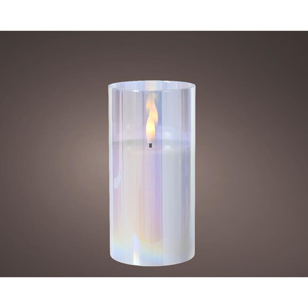 Lumineo ked candle in glass for indoors with flame effect and timer dia.7.5x15cm iridescent