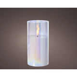 Lumineo ked candle in glass for indoors with flame effect and timer dia.7.5x15cm iridescent