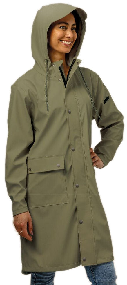 Mirage Raincoat Reenfall Trenchcoat Gréisst ass aus Polyester mëll Touch Oliven gréng gemaach