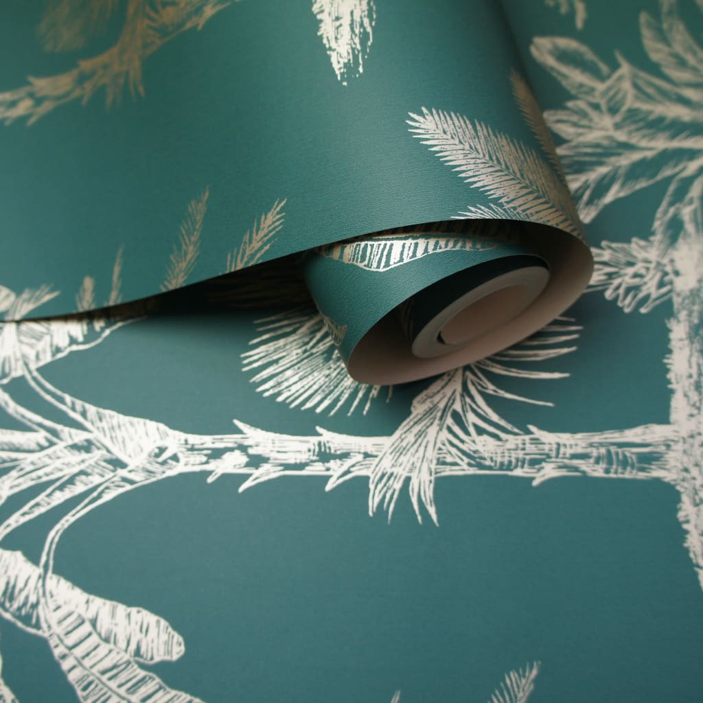 Dutch Wallcoverings Dutch Wallcoverings Wallpaper Tropical Trees Teal and Silver colored