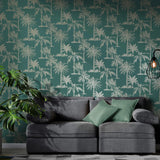 Dutch Wallcoverings Dutch Wallcoverings Wallpaper Tropical Trees Teal and Silver colored