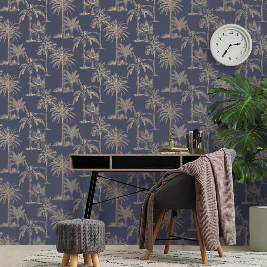 O Dutch Wallcoverings Dutch Wall Coverings Wallpaper Tropical Tropical Albero Marineblauw e color argento