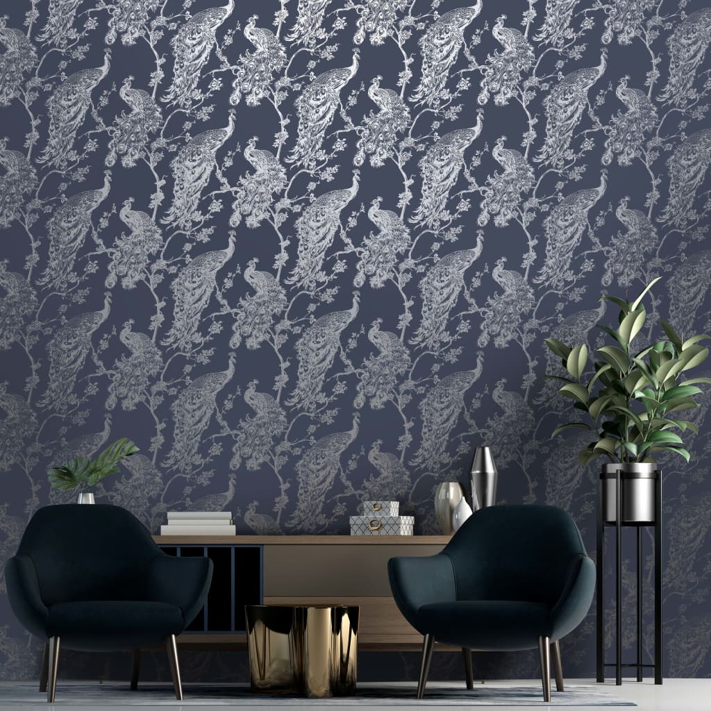 Dutch Wallcoverings Dutch Wallcoverings Wallpaper Peacock Marine blue and silver colored