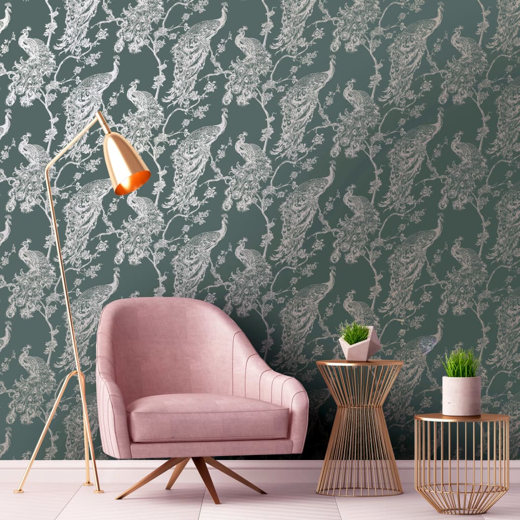 Dutch Wallcoverings Dutch Wallcoverings Wallpaper Peacock Green and Silver colored