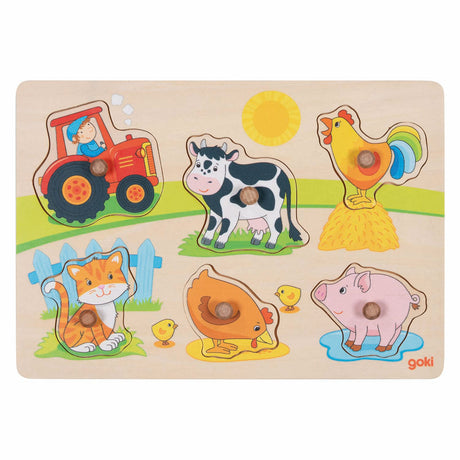 Goki dřevěné cvočkové puzzle na farmě, 6 ks.
