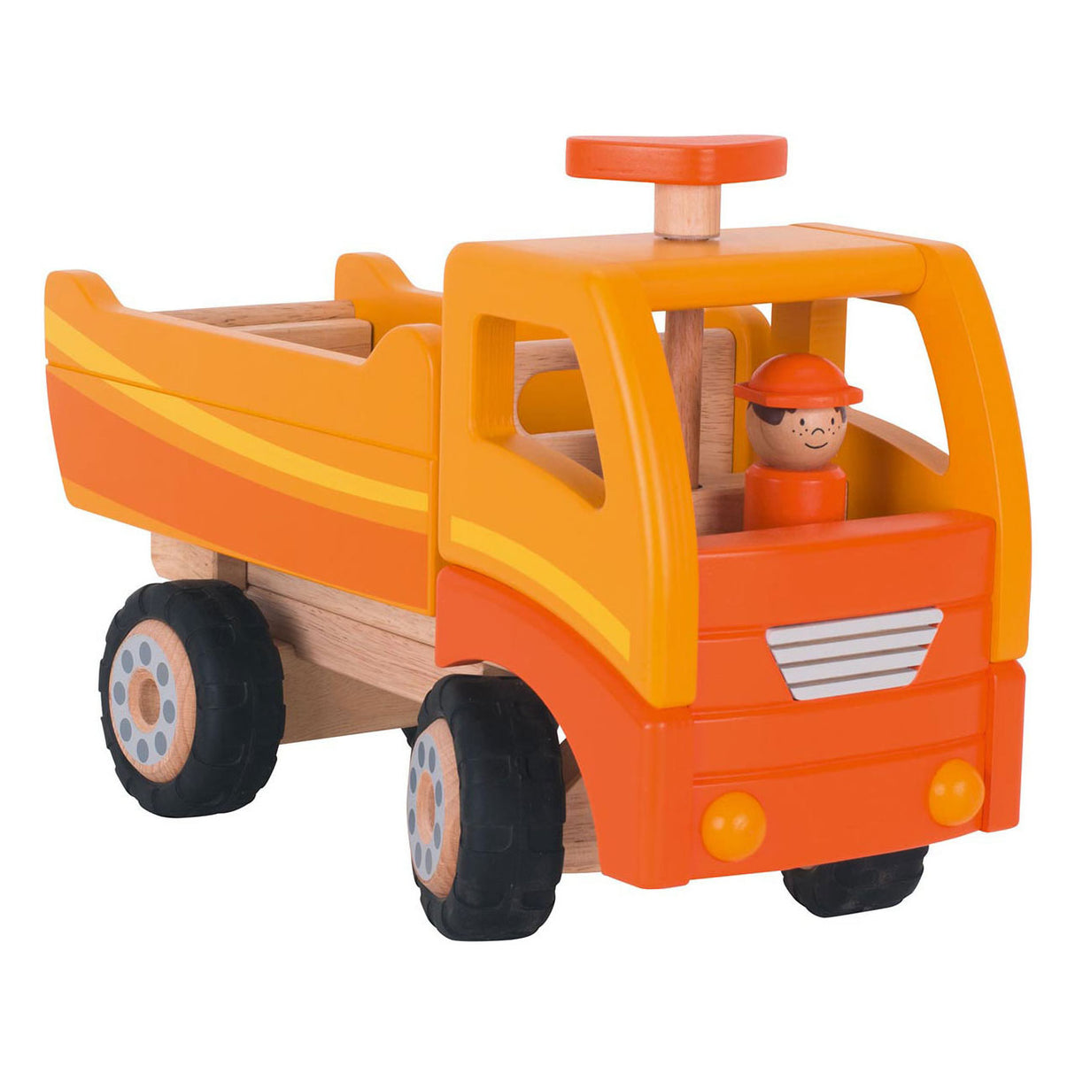 Goki Wooden Tilt Truck orange avec roues rotatives