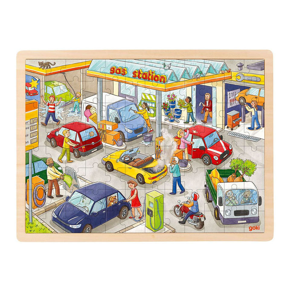 Goki Wooden Jigsaw Puzzle bensinstasjon, 96.