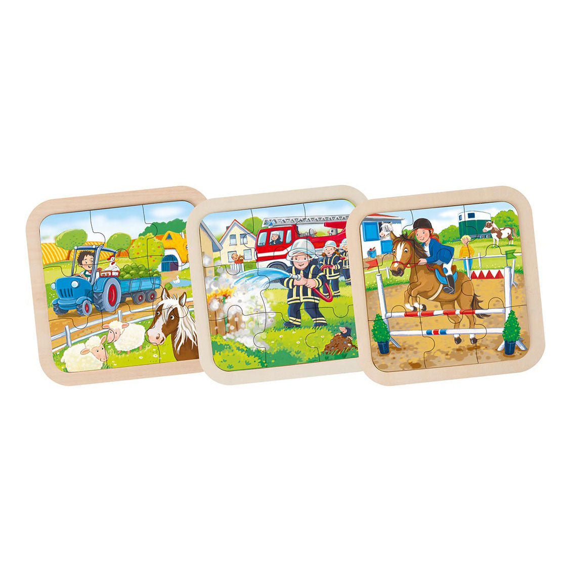 Goki Wooden Jigsaw Puzzle Farm, Fire Brigade, Horse, 9.