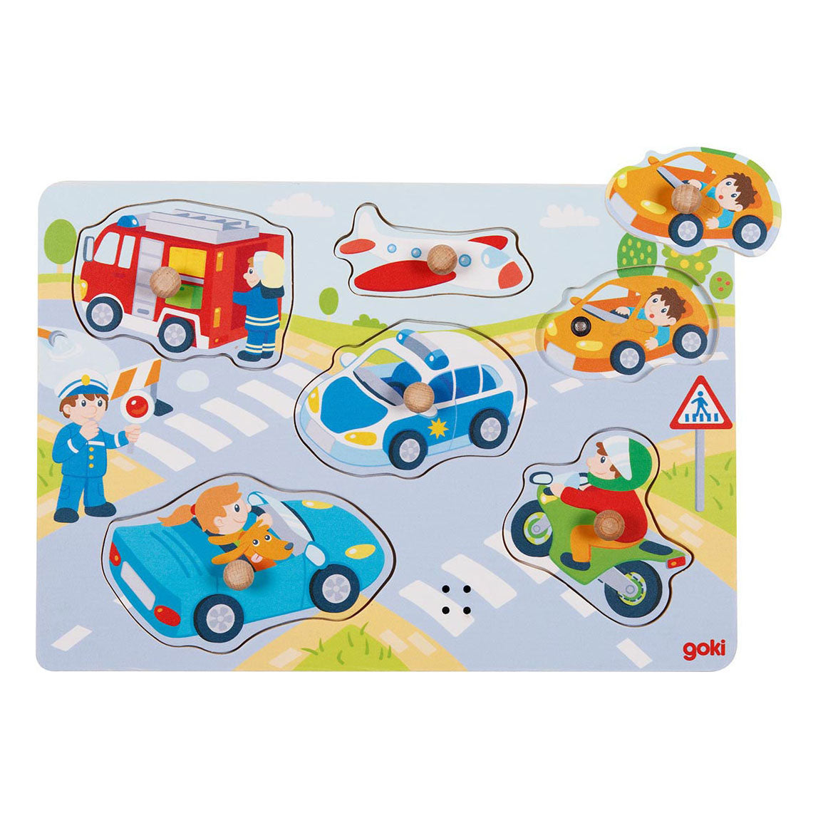 Goki wooden stud puzzle vehicles with sound, 6th.