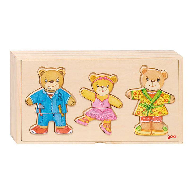 Goki wooden dressing puzzle bears in Houten Box, 36st.